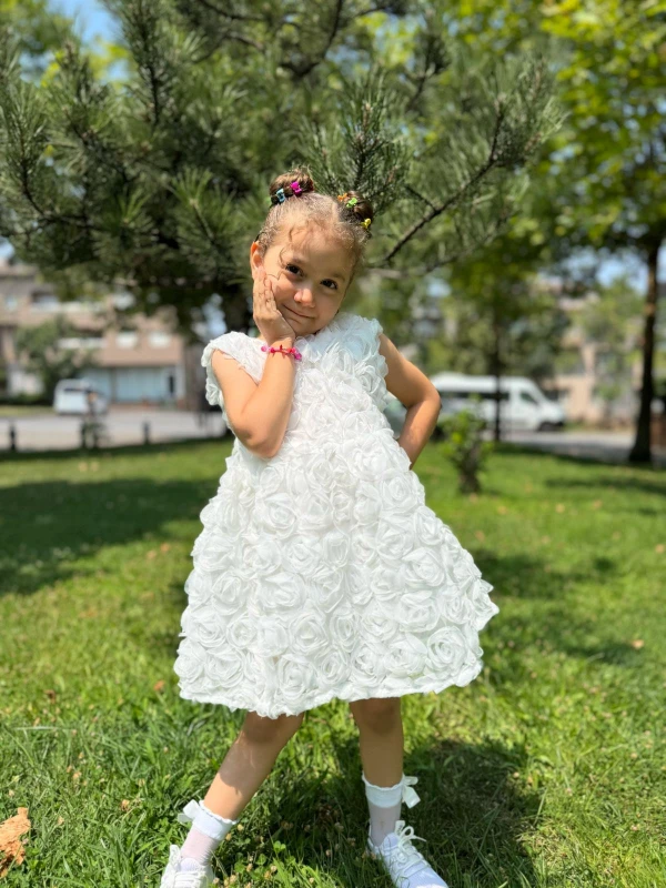 Kız Bebek Kız Çocuk Kısa Kollu Güllü Sırt Detay Fiyonklu Özel Gün Doğum Günü Parti Düğün Elbise - BEYAZ