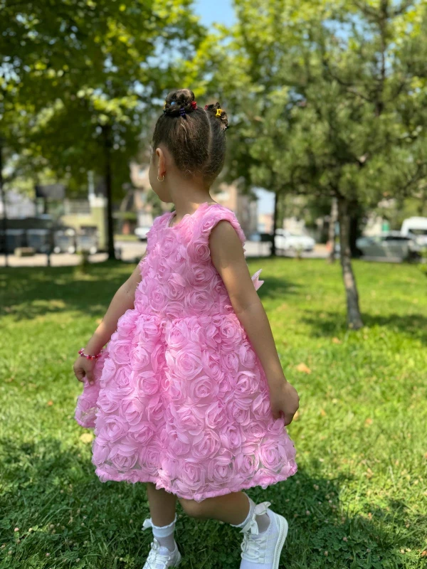 Kız Bebek Kız Çocuk Kısa Kollu Güllü Sırt Detay Fiyonklu Özel Gün Doğum Günü Parti Düğün Elbise - PEMBE