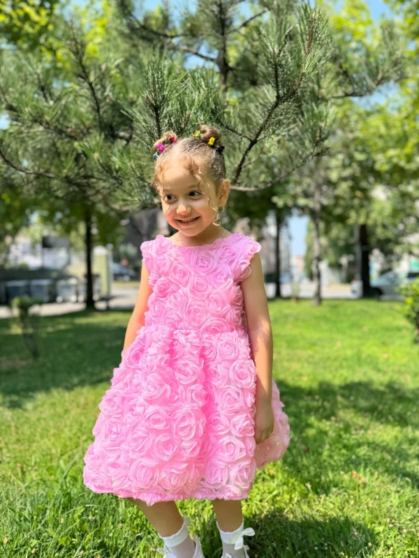 Kız Bebek Kız Çocuk Kısa Kollu Güllü Sırt Detay Fiyonklu Özel Gün Doğum Günü Parti Düğün Elbise - PEMBE