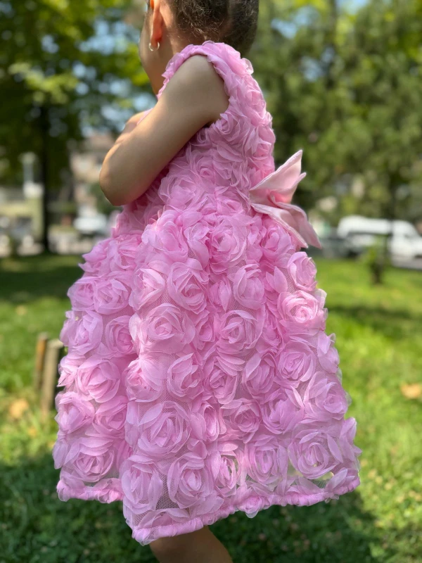 Kız Bebek Kız Çocuk Kısa Kollu Güllü Sırt Detay Fiyonklu Özel Gün Doğum Günü Parti Düğün Elbise - PEMBE