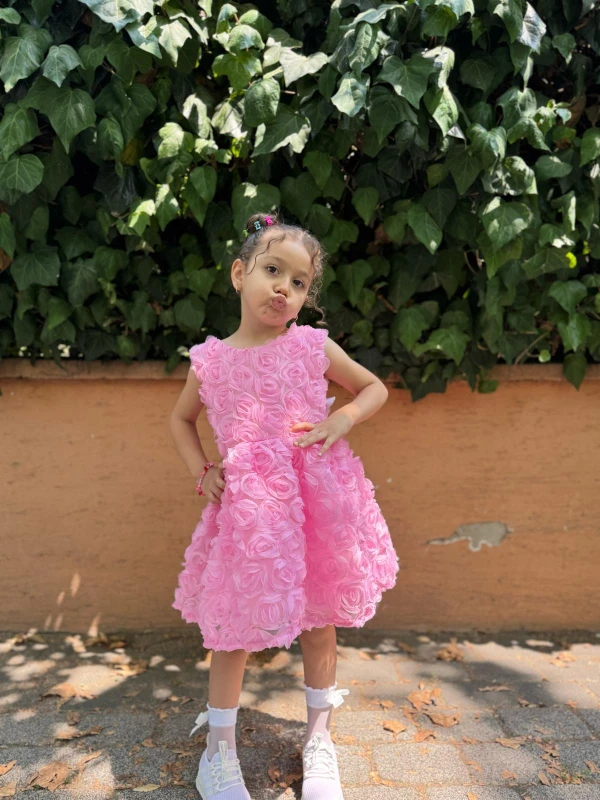 Kız Bebek Kız Çocuk Kısa Kollu Güllü Sırt Detay Fiyonklu Özel Gün Doğum Günü Parti Düğün Elbise - PEMBE