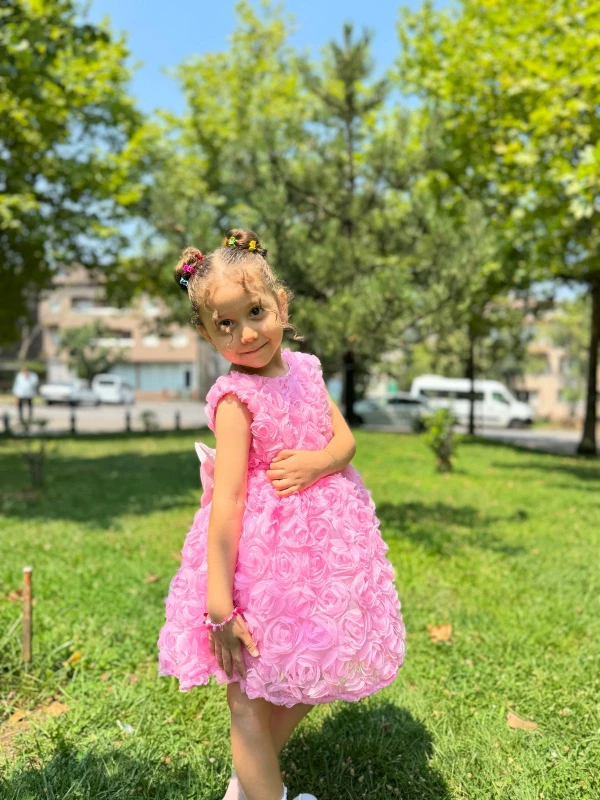 Kız Bebek Kız Çocuk Kısa Kollu Güllü Sırt Detay Fiyonklu Özel Gün Doğum Günü Parti Düğün Elbise - PEMBE