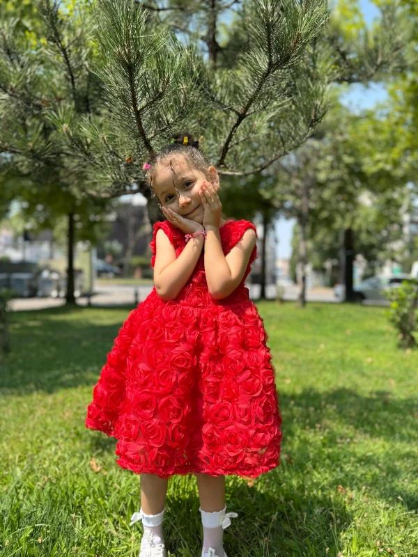 Kız Bebek Kız Çocuk Kısa Kollu Güllü Sırt Detay Fiyonklu Özel Gün Doğum Günü Parti Düğün Elbise - KIRMIZI
