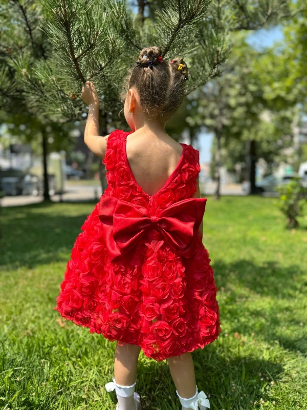 Kız Bebek Kız Çocuk Kısa Kollu Güllü Sırt Detay Fiyonklu Özel Gün Doğum Günü Parti Düğün Elbise - KIRMIZI