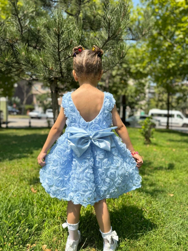 Kız Bebek Kız Çocuk Kısa Kollu Güllü Sırt Detay Fiyonklu Özel Gün Doğum Günü Parti Düğün Elbise - MAVİ