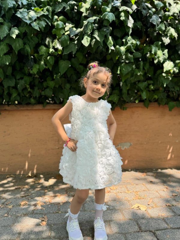 Kız Bebek Kız Çocuk Kısa Kollu Güllü Sırt Detay Fiyonklu Özel Gün Doğum Günü Parti Düğün Elbise - BEYAZ