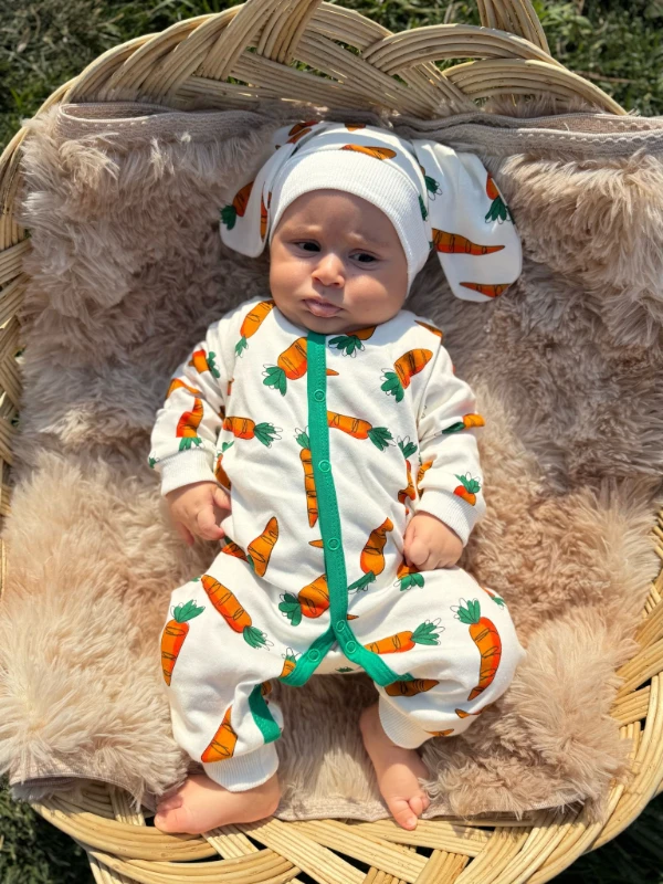 Havuç desenli %100 Pamuk Şapkalı Unisex Tulum Set - TURUNCU