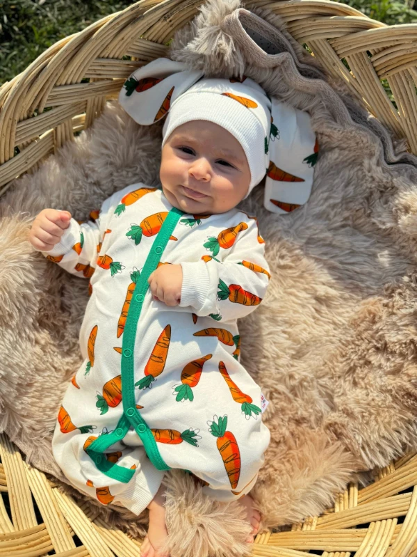 Havuç desenli %100 Pamuk Şapkalı Unisex Tulum Set - TURUNCU