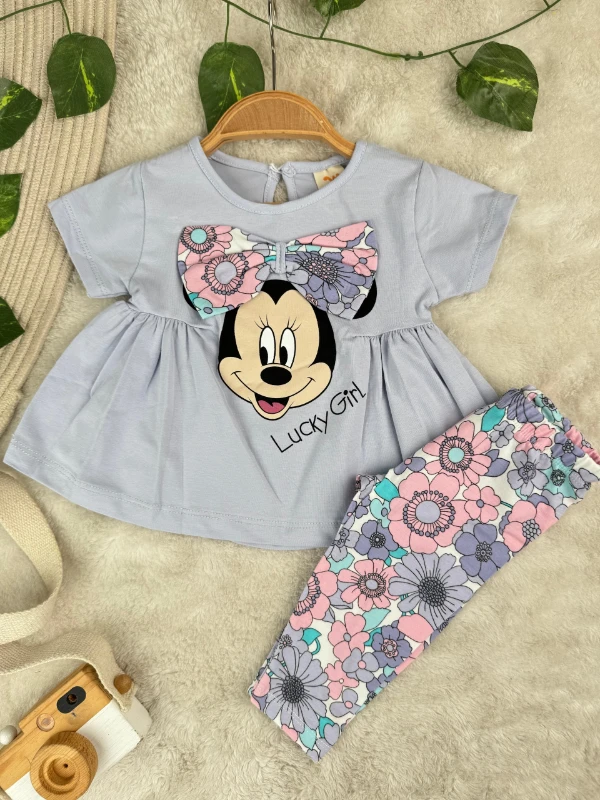Lucy Girl Baskılı Fiyonk Detaylı Kız Bebek Taytlı Yazlık Kız Bebek İkili Takım - LİLA