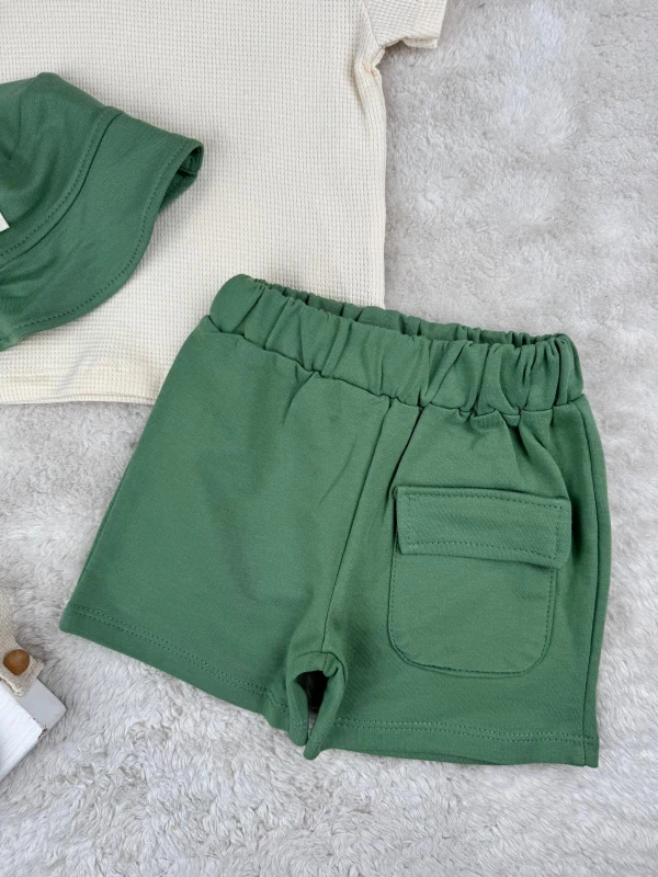 Safari Bucket Şapkalı Cep Detaylı Şortlu Waffle Kumaş Tişörtlü 3’lü Set - YEŞİL