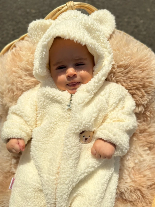 Wellsoft Peluş Unisex Fermuarlı Full Astarlı Kışlık Bebek Uyku Tulumu Bebek Tulumu Çocuk Tulumu - KREM