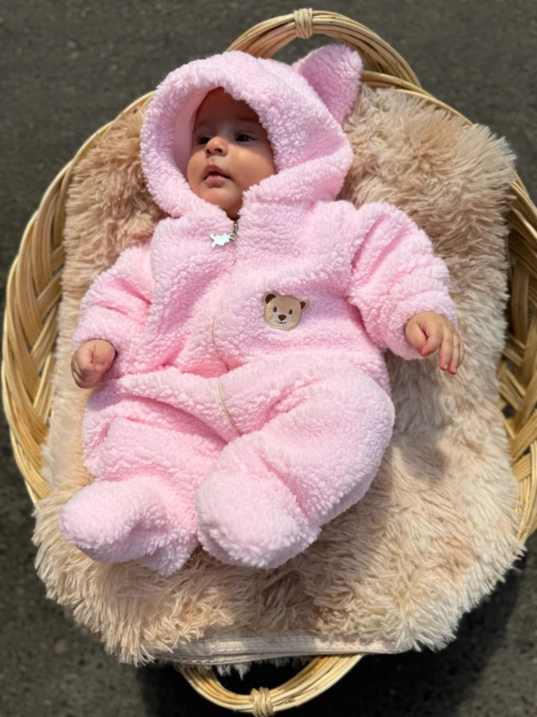 Wellsoft Peluş Unisex Fermuarlı Full Astarlı Kışlık Bebek Uyku Tulumu Bebek Tulumu Çocuk Tulumu - PEMBE