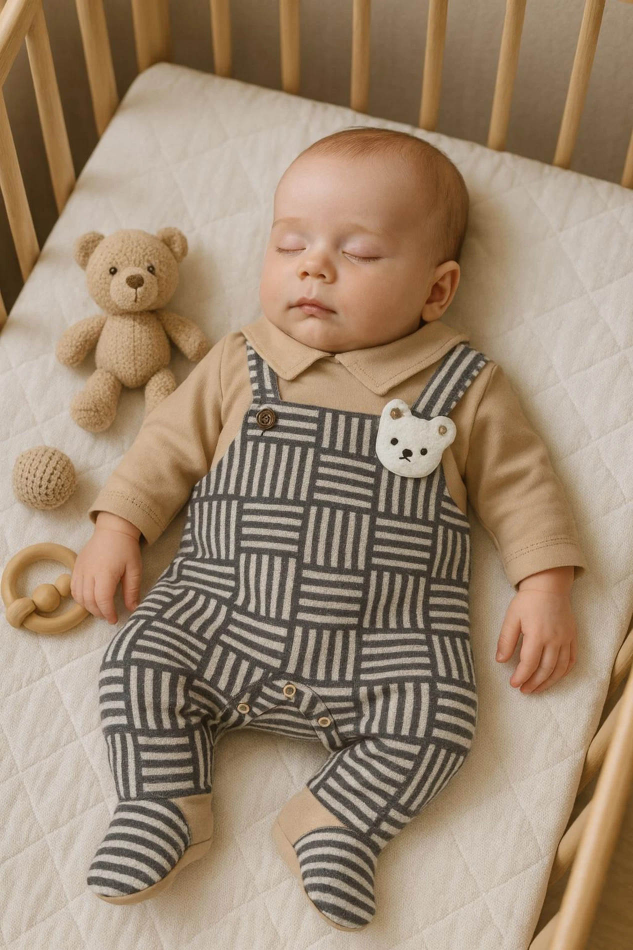 Aplikeli Çizgili Ayıcıklı Patikli Bebek Tulum Unisex Mevsimlik Tulum - KAHVERENGİ
