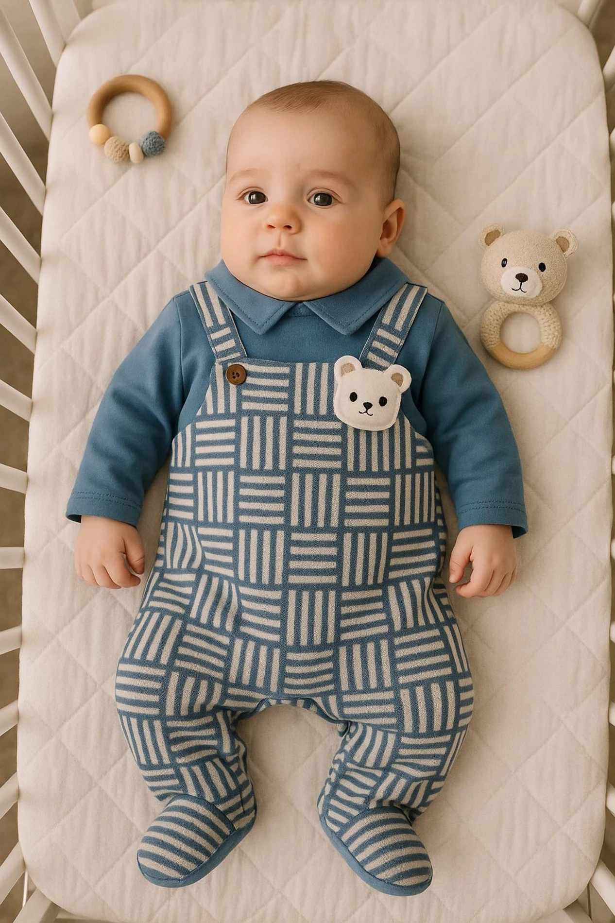 Aplikeli Çizgili Ayıcıklı Patikli Bebek Tulum Unisex Mevsimlik Tulum - MAVİ