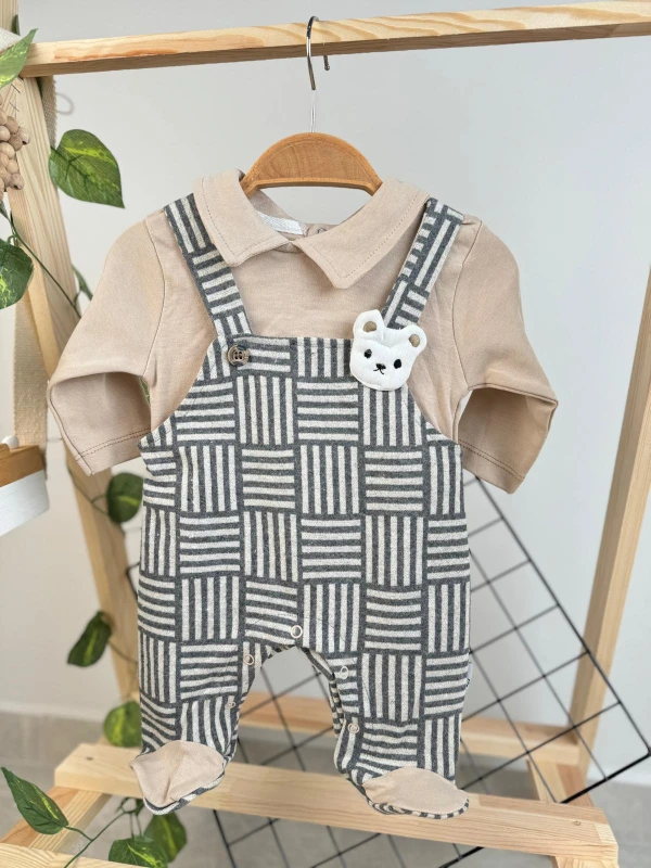 Aplikeli Çizgili Ayıcıklı Patikli Bebek Tulum Unisex Mevsimlik Tulum - KAHVERENGİ