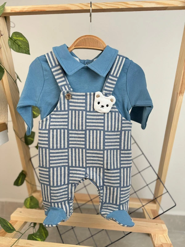 Aplikeli Çizgili Ayıcıklı Patikli Bebek Tulum Unisex Mevsimlik Tulum - MAVİ