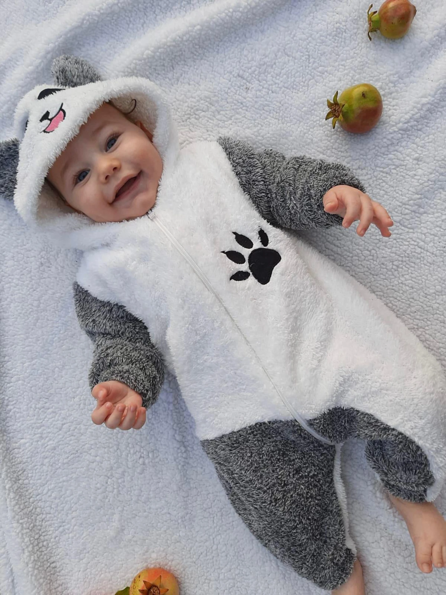 Welsoft Peluş Unisex Fermuarlı Kışlık Panda Bebek Uyku Tulumu - KIRÇILLI GRİ-BEYAZ