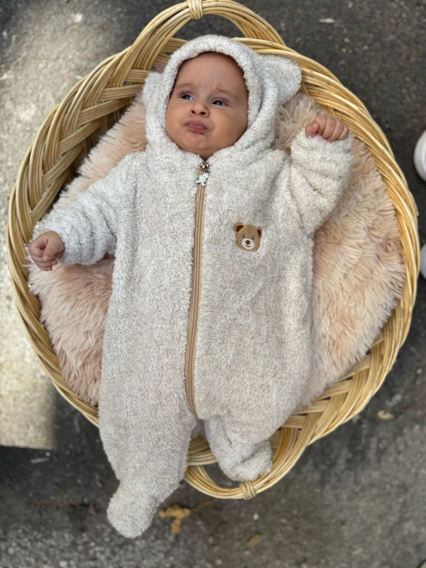 Wellsoft Peluş Unisex Fermuarlı Patikli Kışlık Bebek Uyku Tulumu Çocuk Tulumu Çocuk Kostümü - KIRÇILLI KAHVE