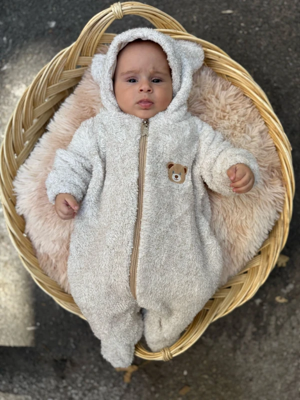 Wellsoft Peluş Unisex Fermuarlı Patikli Kışlık Bebek Uyku Tulumu Çocuk Tulumu Çocuk Kostümü - KIRÇILLI KAHVE