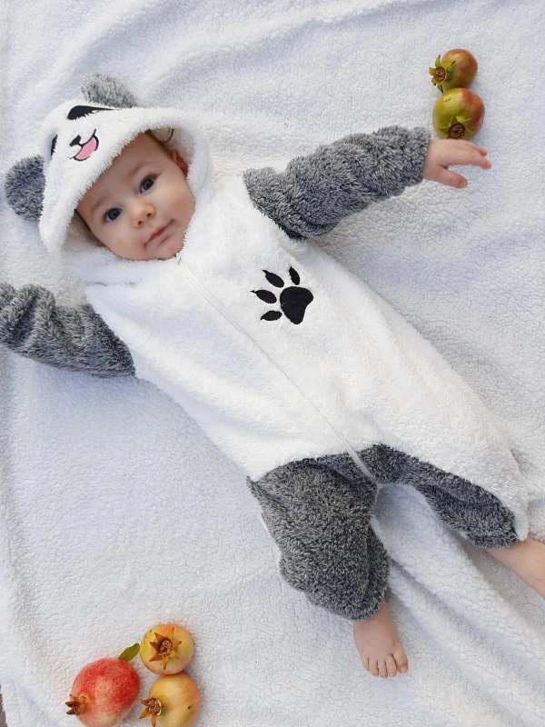 Welsoft Peluş Unisex Fermuarlı Kışlık Panda Bebek Uyku Tulumu - KIRÇILLI GRİ-BEYAZ