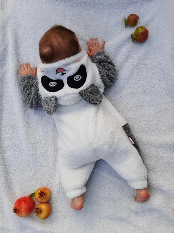Welsoft Peluş Unisex Fermuarlı Kışlık Panda Bebek Uyku Tulumu - KIRÇILLI GRİ-BEYAZ