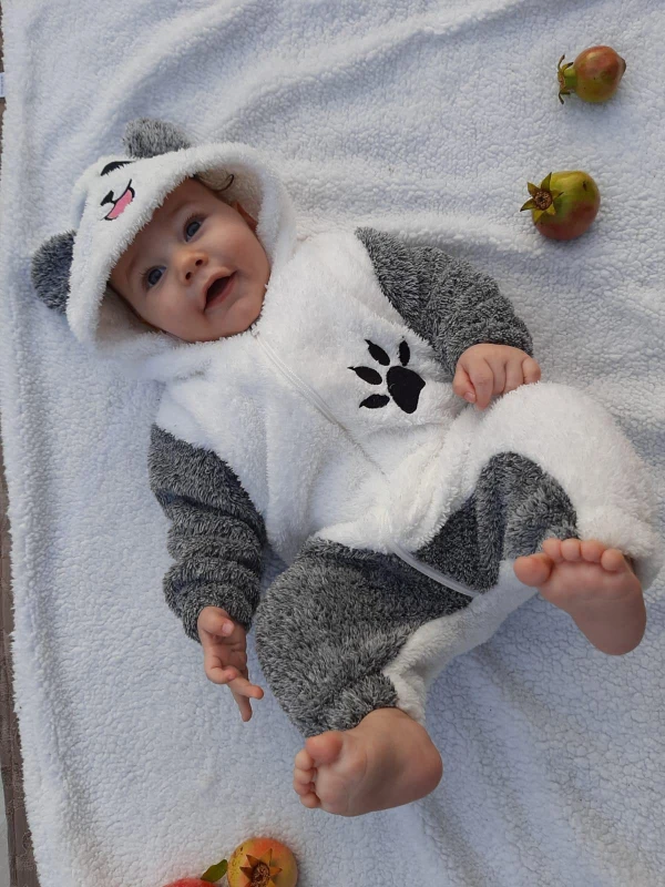 Welsoft Peluş Unisex Fermuarlı Kışlık Panda Bebek Uyku Tulumu - KIRÇILLI GRİ-BEYAZ