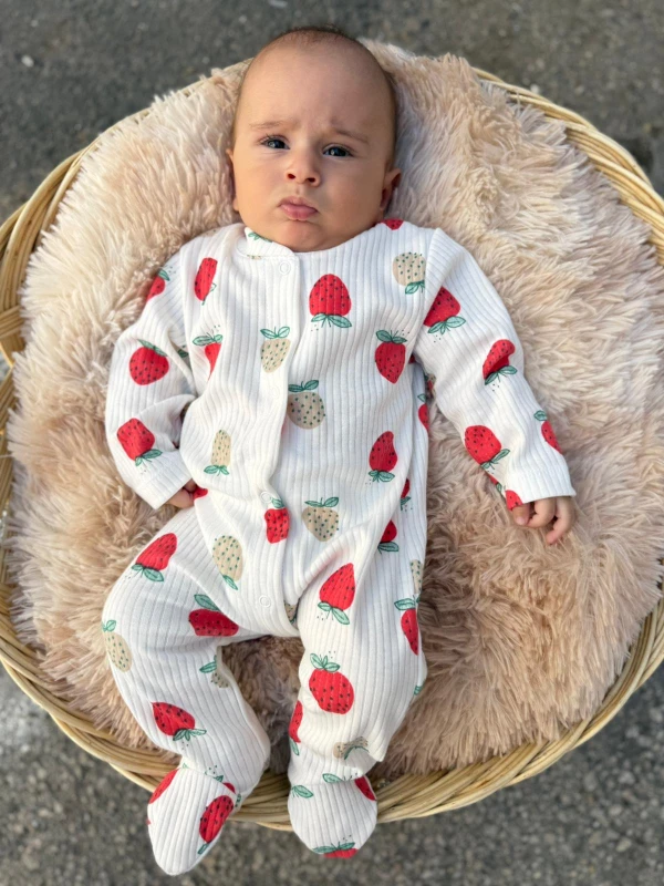 %100 Pamuklu Organik Kız Bebek Erkek Bebek Yenidoğan Tulum Baskılı Tulum  - BEYAZ