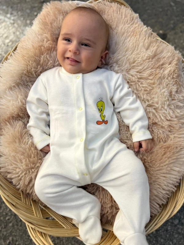 %100 Pamuklu Organik Kız Bebek Erkek Bebek Yenidoğan Tulum Baskılı Tulum  - BEYAZ