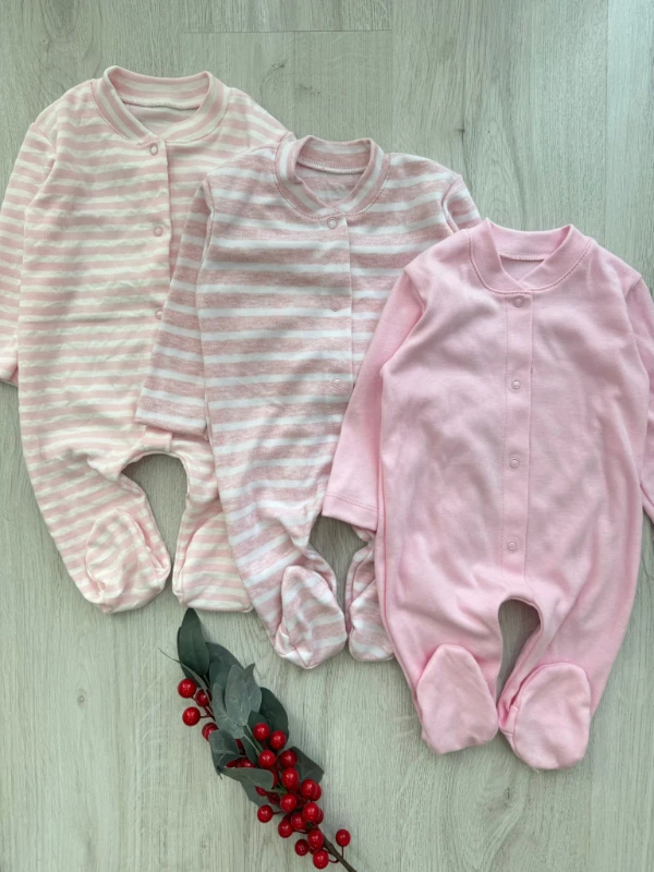 Organik Çizgili 3'lü Tulum Set Yenidoğan Takımı Yenidoğan Tulum 0-3/3-6 ay  - PEMBE