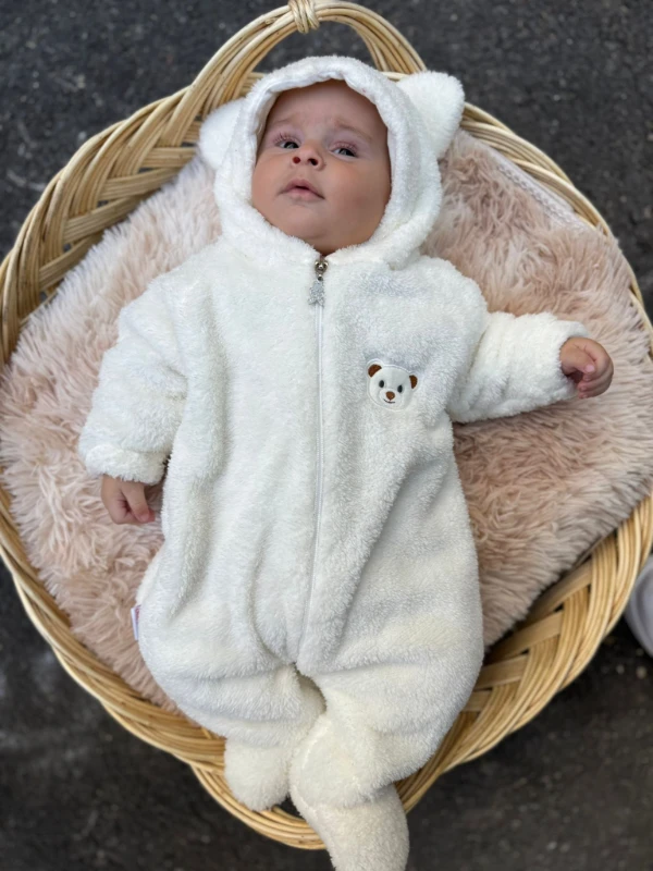 Wellsoft Peluş Unisex Fermuarlı Kışlık Bebek Uyku Tulumu Bebek Tulumu Çocuk Tulumu Çocuk Kostümü - KREM