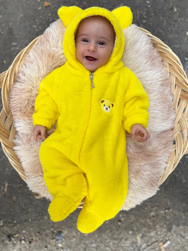 Wellsoft Peluş Unisex Fermuarlı Kışlık Bebek Uyku Tulumu Bebek Tulumu Çocuk Tulumu Çocuk Kostümü - SARI