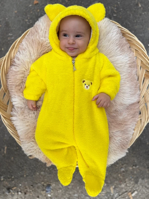 Wellsoft Peluş Unisex Fermuarlı Kışlık Bebek Uyku Tulumu Bebek Tulumu Çocuk Tulumu Çocuk Kostümü - SARI