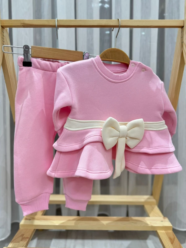 Fiyonklu 3 İp Şardonlu Premium Kalite Kız Bebek 2’li Kışlık Takım - PEMBE