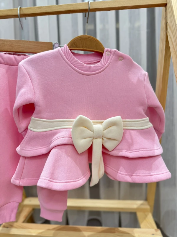 Fiyonklu 3 İp Şardonlu Premium Kalite Kız Bebek 2’li Kışlık Takım - PEMBE