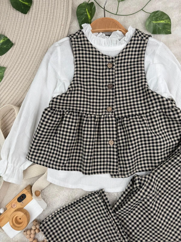 Ekose Desen Gömlekli Premium Kalite Kız Çocuk 3'lü Takım Krinkul Takım - KAHVERENGİ