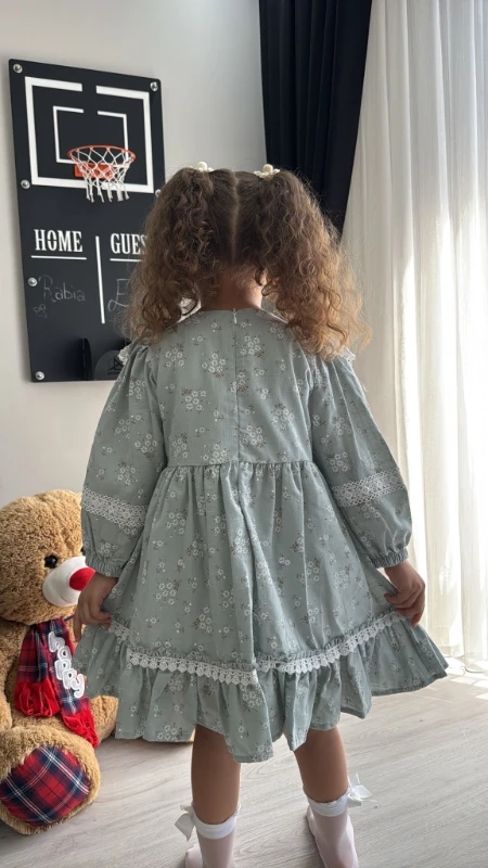  Kız Bebek Elbise Uzun Kollu Fırfırlı Pamuklu Doğum Günü Parti Özel Gün Düğün Günlük Kız Çocuk Elbise - YEŞİL