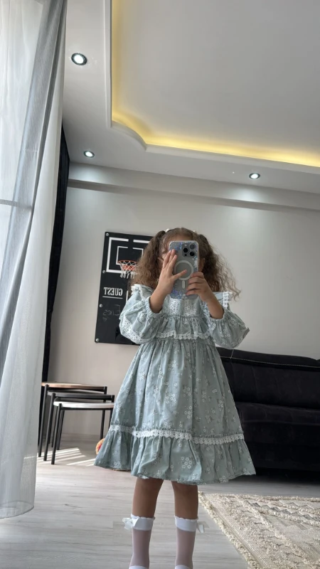  Kız Bebek Elbise Uzun Kollu Fırfırlı Pamuklu Doğum Günü Parti Özel Gün Düğün Günlük Kız Çocuk Elbise - YEŞİL