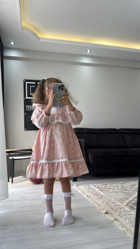  Kız Bebek Elbise Uzun Kollu Fırfırlı Pamuklu Doğum Günü Parti Özel Gün Düğün Günlük Kız Çocuk Elbise - PEMBE
