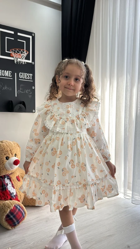  Kız Bebek Elbise Uzun Kollu Fırfırlı Pamuklu Doğum Günü Parti Özel Gün Düğün Günlük Kız Çocuk Elbise - BEYAZ