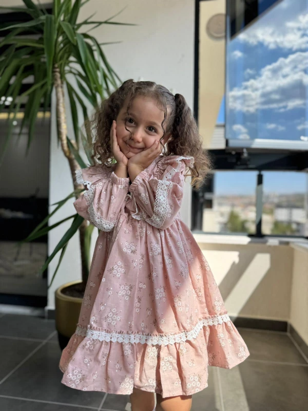  Kız Bebek Elbise Uzun Kollu Fırfırlı Pamuklu Doğum Günü Parti Özel Gün Düğün Günlük Kız Çocuk Elbise - PEMBE