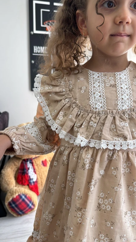  Kız Bebek Elbise Uzun Kollu Fırfırlı Pamuklu Doğum Günü Parti Özel Gün Düğün Günlük Kız Çocuk Elbise - KAHVERENGİ