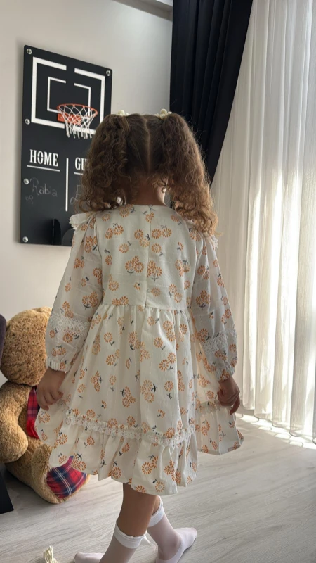  Kız Bebek Elbise Uzun Kollu Fırfırlı Pamuklu Doğum Günü Parti Özel Gün Düğün Günlük Kız Çocuk Elbise - BEYAZ