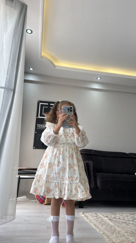  Kız Bebek Elbise Uzun Kollu Fırfırlı Pamuklu Doğum Günü Parti Özel Gün Düğün Günlük Kız Çocuk Elbise - BEYAZ
