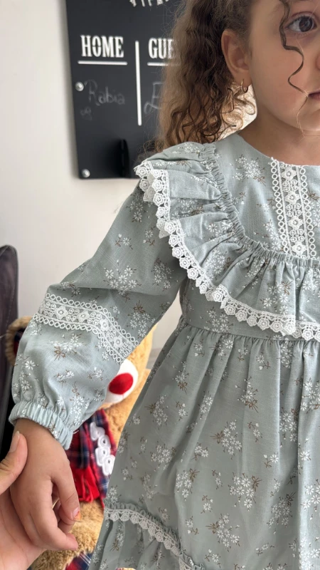  Kız Bebek Elbise Uzun Kollu Fırfırlı Pamuklu Doğum Günü Parti Özel Gün Düğün Günlük Kız Çocuk Elbise - YEŞİL