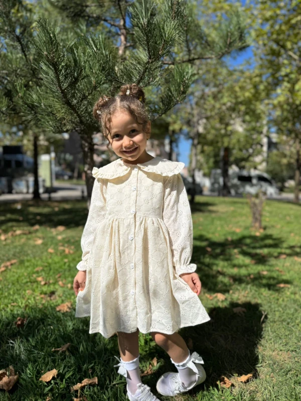 Kız Çocuk Elbise Bebe Yaka Uzun Kollu Düğmeli Özel Gün Doğum Günü  - KREM