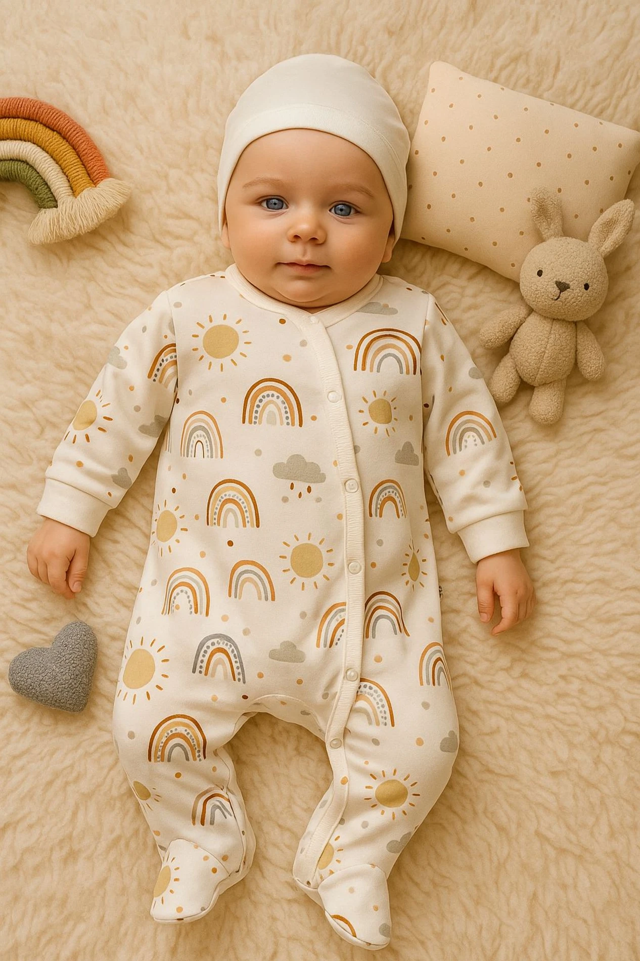Gökkuşağı Baskılı %100 Pamuklu Şapkalı Unisex Bebek Tulum Set - RENKLİ