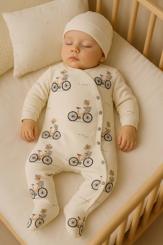 Bisiklet Baskılı %100 Pamuklu Şapkalı Unisex Bebek Tulum Set - RENKLİ