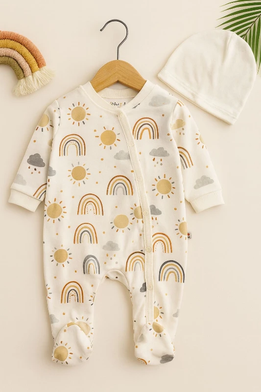 Gökkuşağı Baskılı %100 Pamuklu Şapkalı Unisex Bebek Tulum Set - RENKLİ