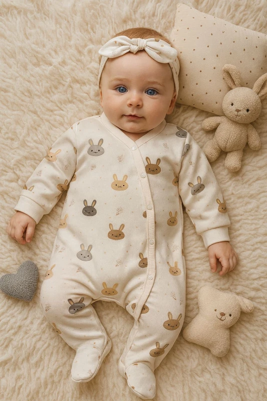 Tavşan Baskılı %100 Pamuklu Bandanalı Kız Bebek Tulum Set - RENKLİ