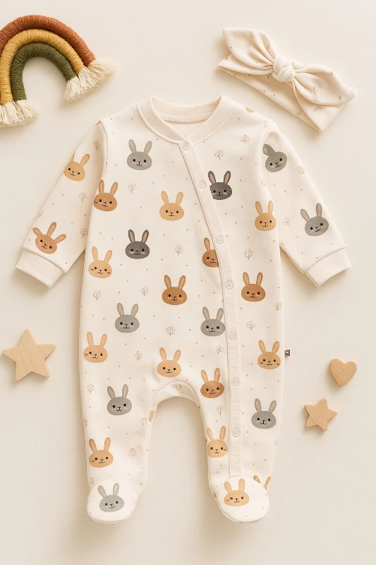 Tavşan Baskılı %100 Pamuklu Bandanalı Kız Bebek Tulum Set - RENKLİ